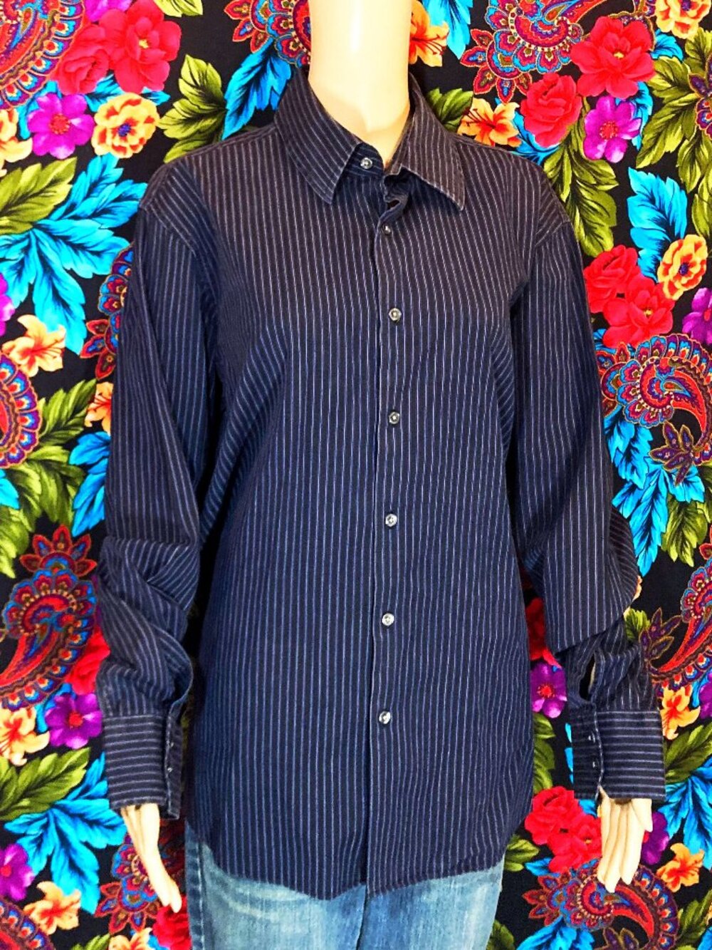 MEN'S HUGO BOSS SHIRT STRIPED BUTTON TEE MENS SIZE 17.5 34/35 REGULAR FIT